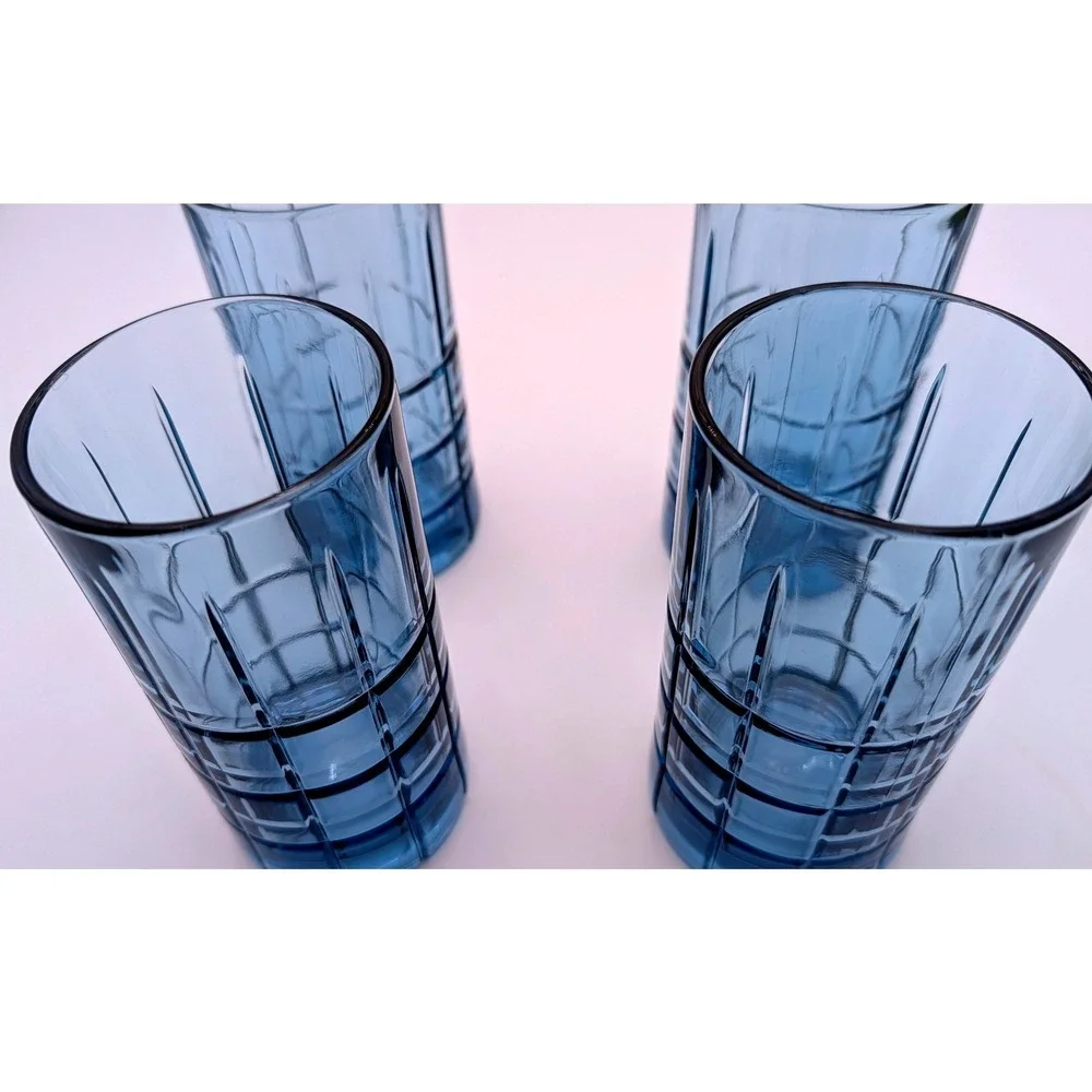 Libbey Apollo Blue Glass Tumblers Set of 4 Vintage Highball Glasses Grid Pattern